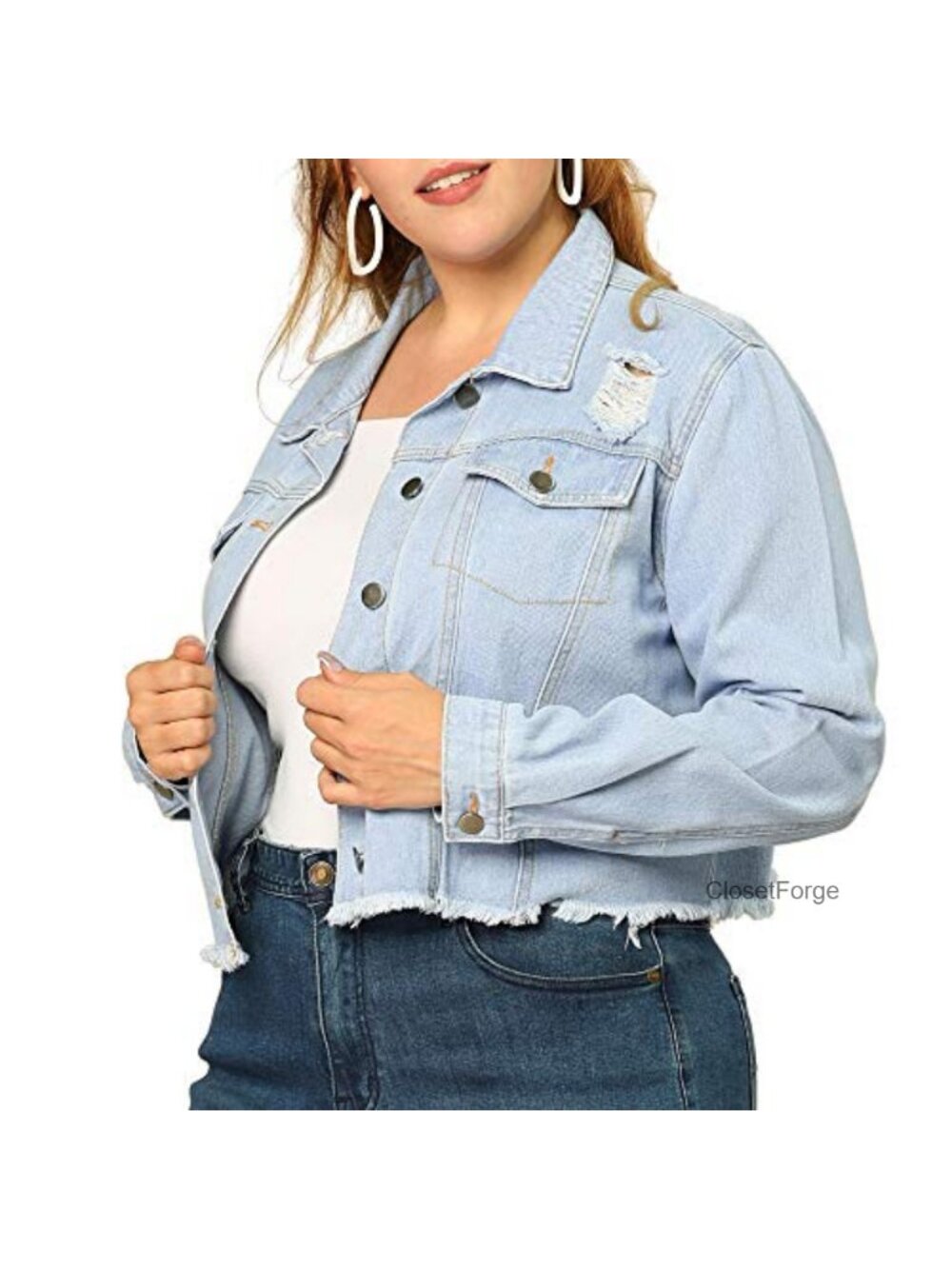 Plus Size Ripped Frayed Crop Denim Jacket Button Front Long Sleeve